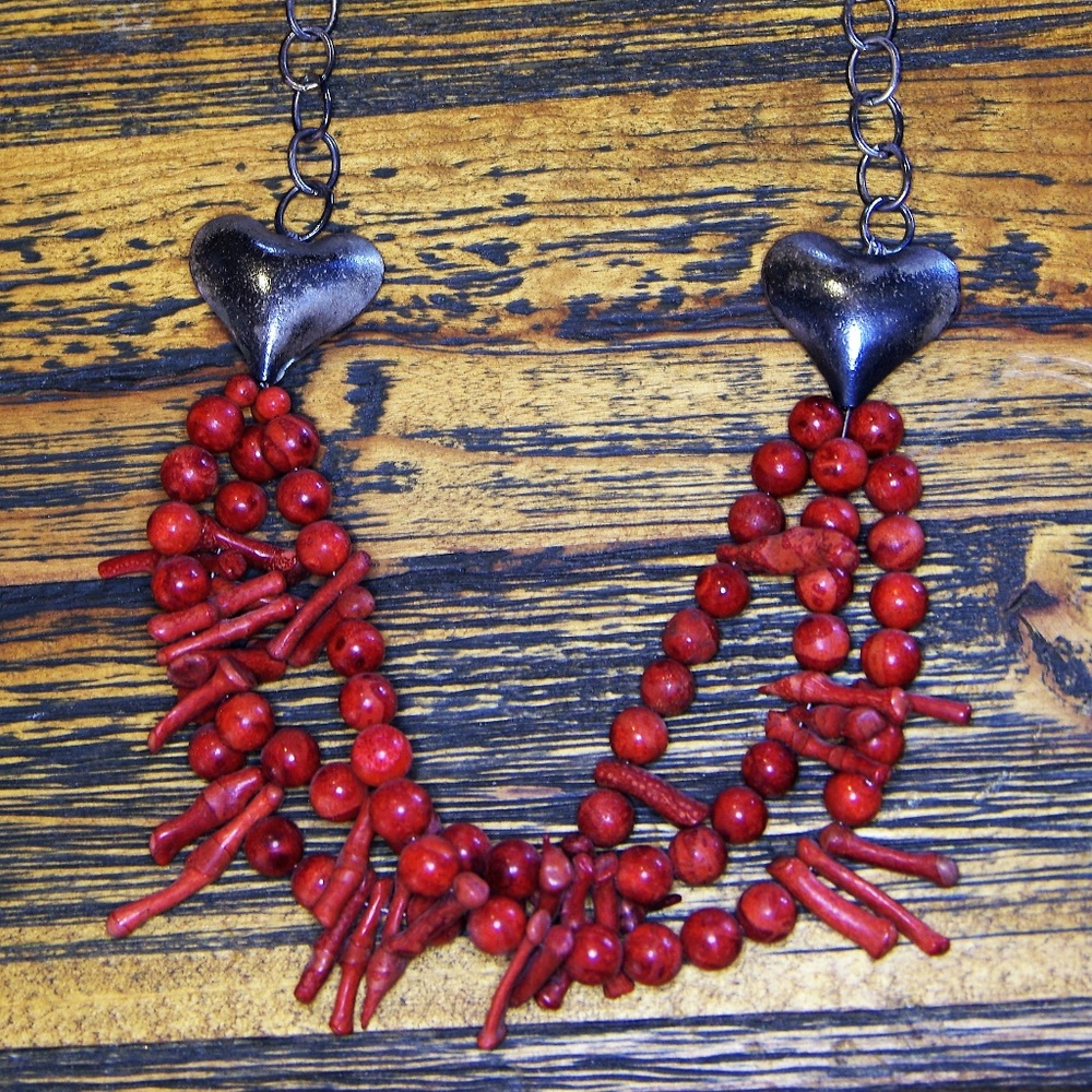three strand coral with heart accent necklace